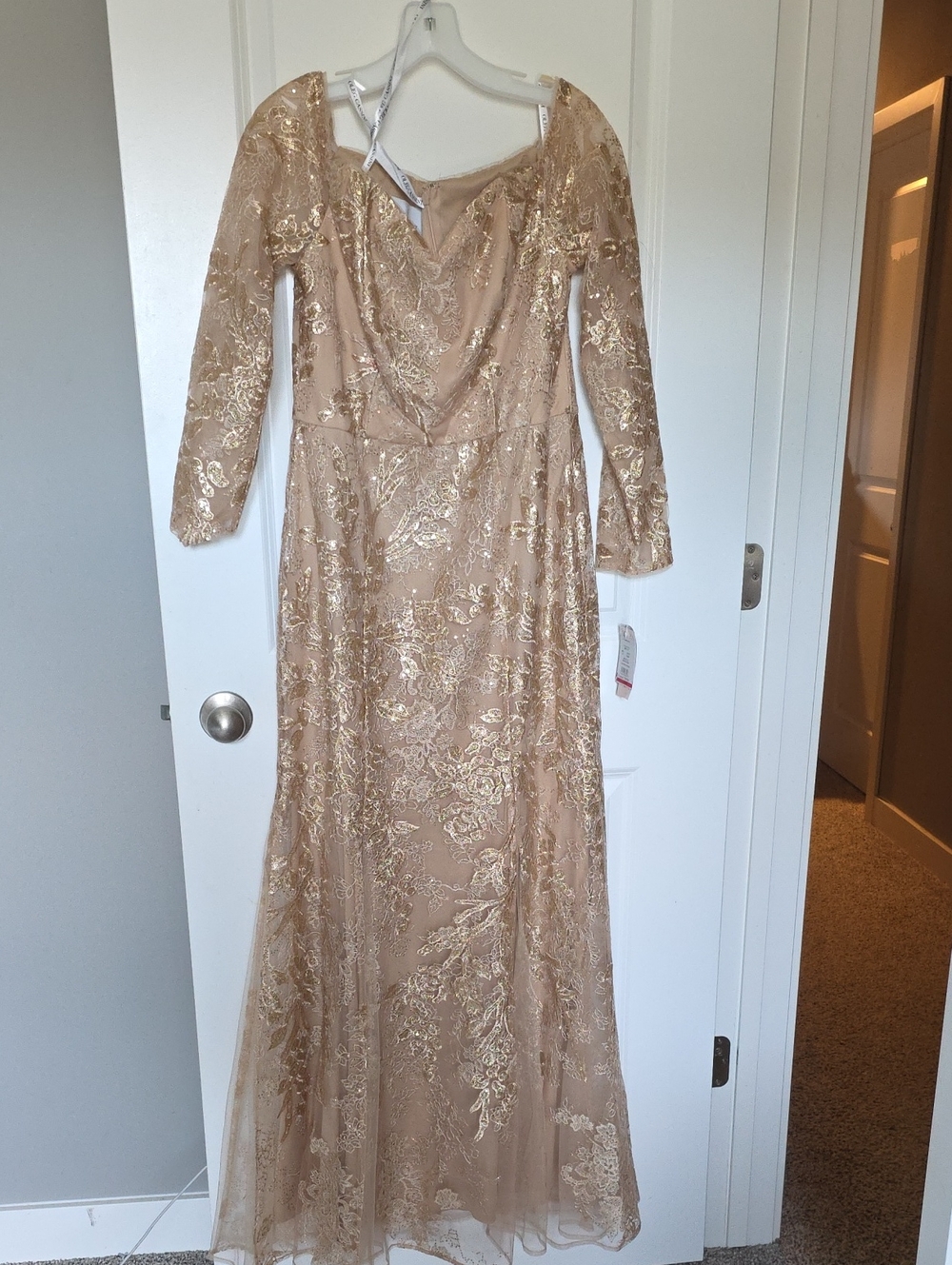 Oleg Cassini Gold Lace Long Sleeve Gown